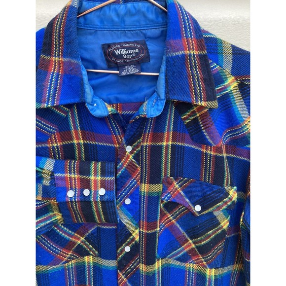 Vintage William's Bay Men's Flannel Shirt Blue Yellow, Red, Pearl Snap Large - Picture 3 of 15